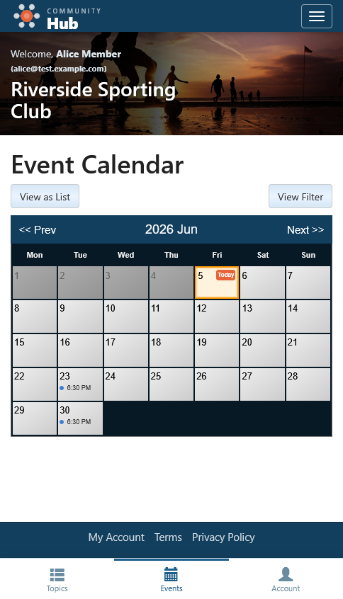 Events calendar on mobile